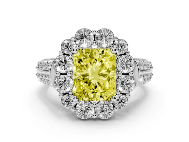 Radiant Cut Large Accent Halo Engagement Ring Setting for a Fancy Yellow Lab-Grown Diamond | Graduated Pavé | White Gold