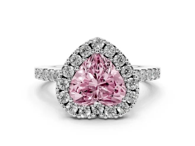 Heart-Shaped Halo Engagement Ring Setting for a Fancy Pink Lab-Grown Diamond | Single Row Pavé Band | White Gold