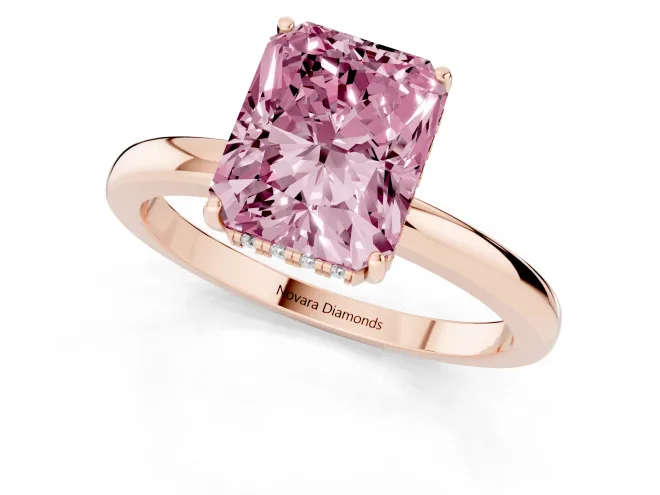 Fancy Pink Radiant Cut Diamond Solitaire Ring Set in Rose gold with Plain Band and Prong Setting – second view