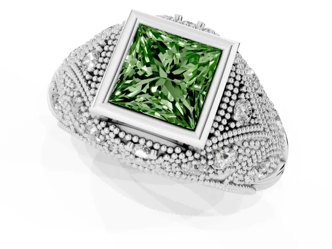 Fancy Green Princess Cut Diamond Bezel Ring Set in Platinum with Milgrain Accent Band – second view