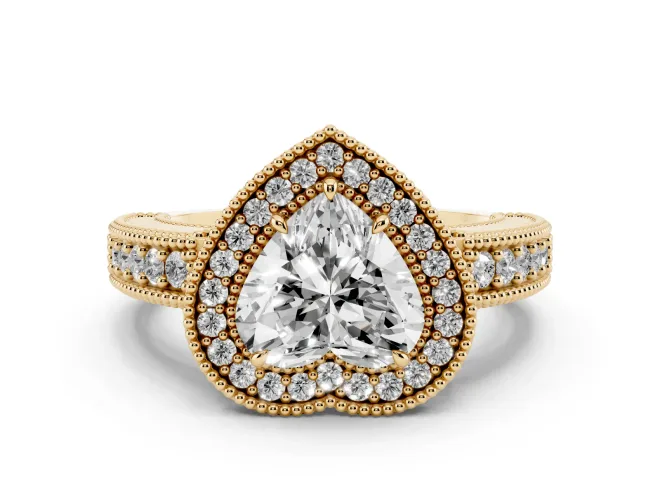 Heart Cut Diamond Halo Ring Set in Yellow gold with Round Accent Halo, Pavé Band and Prong Setting