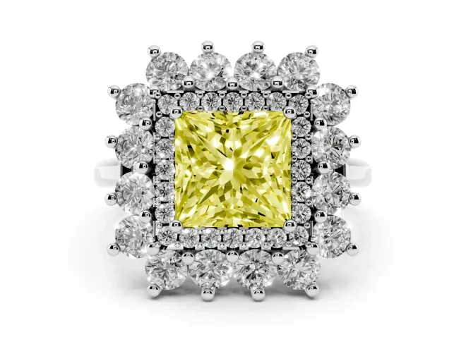 Fancy Yellow Princess Cut Diamond Floral Double Halo Ring Set in White gold with Round Petals