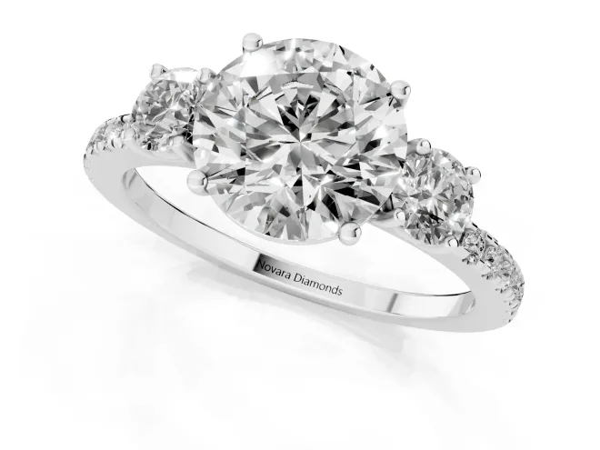Round Cut Diamond Three-Stone Ring Set in White gold with Pavé Band and Graduated Sides – second view