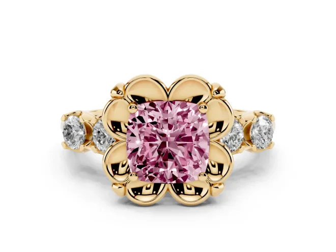 Cushion Cut Floral Engagement Ring Setting for a Fancy Pink Lab-Grown Diamond | Petal Frame | Yellow Gold