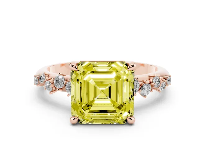 Fancy Yellow Asscher Cut Diamond Solitaire Vine Band Ring Set in Rose gold with Round Accents and Prong Setting