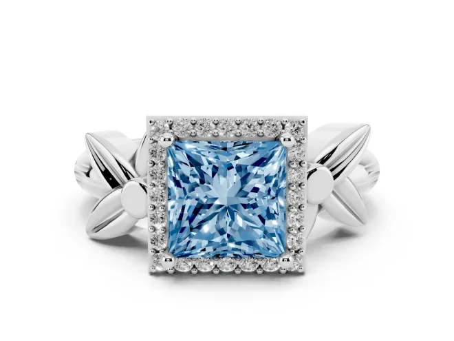 Princess Cut Floral Halo Engagement Ring Setting for a Fancy Blue Lab-Grown Diamond | Leaf Shoulders | Sterling Silver