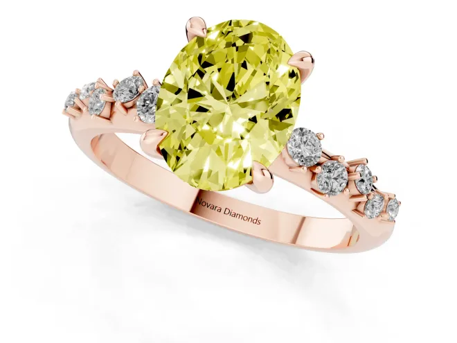 Fancy Yellow Oval Cut Diamond Solitaire Vine Band Ring Set in Rose gold with Round Accents and Prong Setting – second view