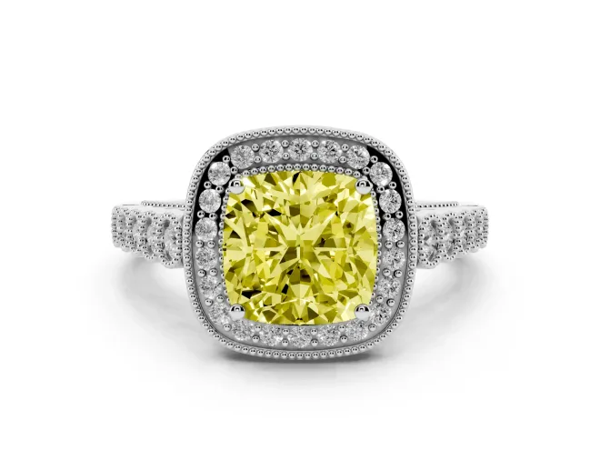 Fancy Yellow Cushion Cut Diamond Milgrain Halo Solitaire Ring Set in Platinum with Bezel Set Side Stones and Pavé Band
