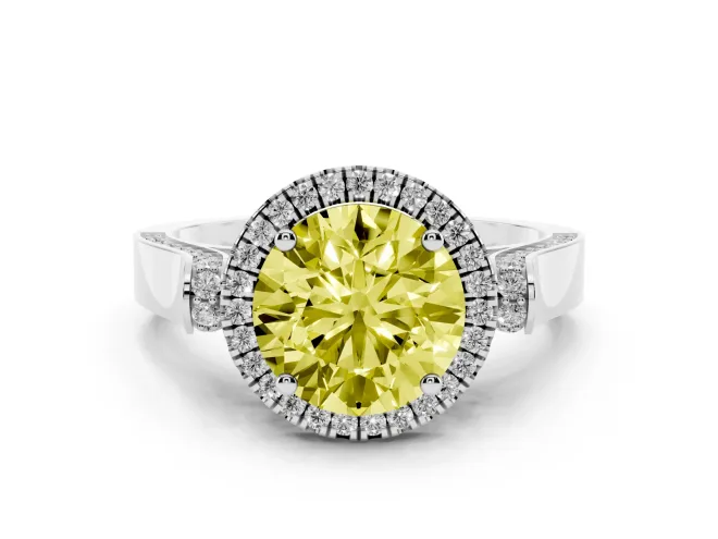 Round Halo Engagement Ring Setting for a Fancy Yellow Lab-Grown Diamond | Pavé Panel Shoulders | White Gold