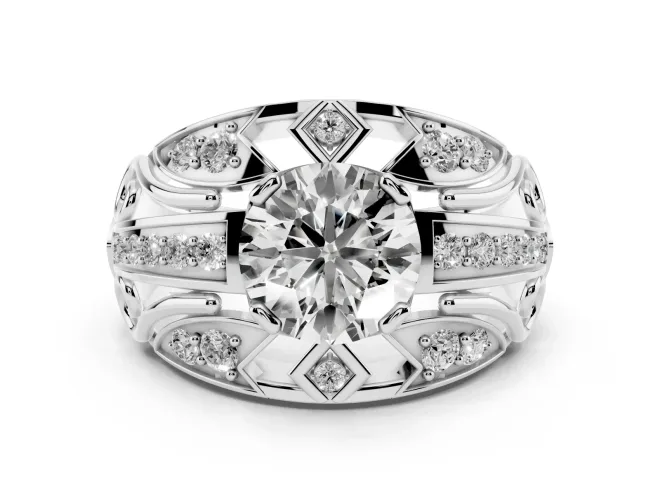 Round Cut Diamond Art Deco Ring Set in White gold with Pavé Split Shank