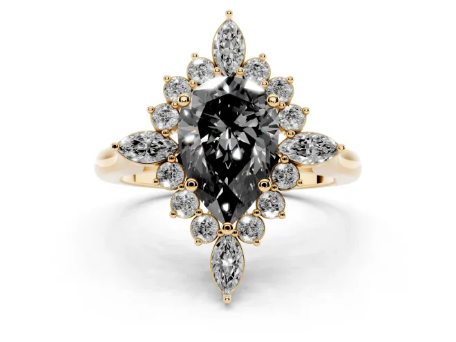 Fancy Black Pear Cut Diamond Cluster Halo Ring Set in Yellow gold with Marquise and Round Accents