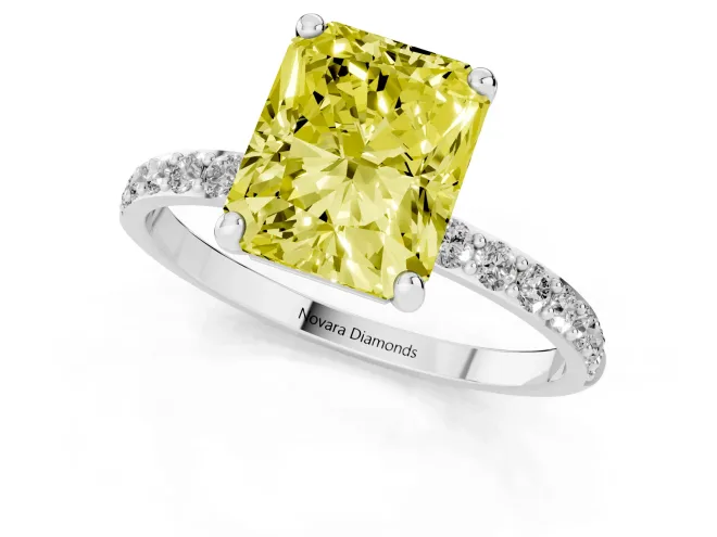 Fancy Yellow Radiant Cut Diamond Solitaire Ring Set in Platinum with Round Pavé Band and Prong Setting – second view