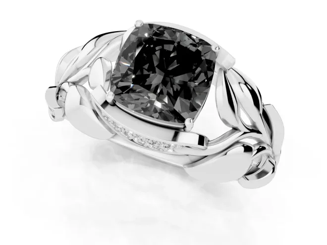 Fancy Black Cushion Cut Diamond Leaf-Inspired Engagement Ring Set in Silver with Round Accents – second view