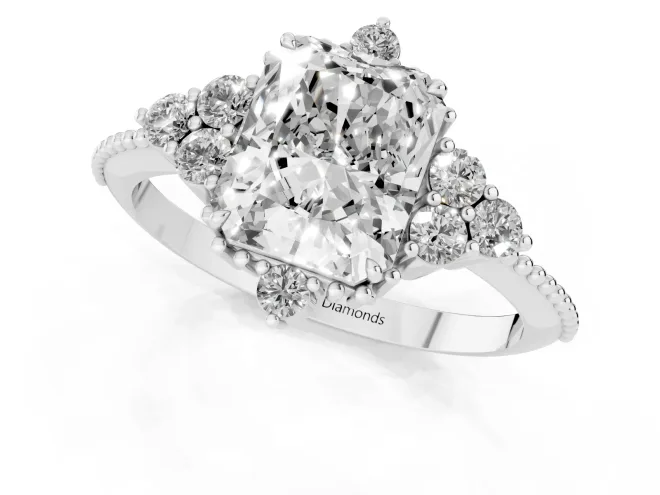 Radiant Cut Diamond Cluster Ring Set in White gold with Beaded Band – second view