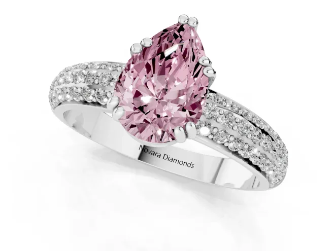 Fancy Pink Pear Cut Diamond Solitaire Ring Set in White gold with Multi-Row Round Pavé Band and Prong Setting – second view