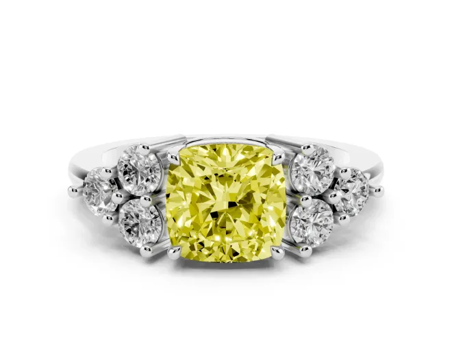 Fancy Yellow Cushion Cut Diamond Solitaire Ring Set in Silver with Cluster Accents on Each Side