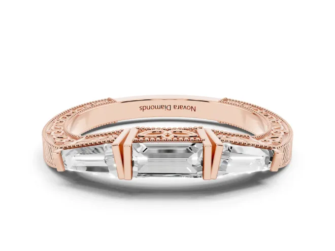 Baguette and Pear-Shaped Lab-Grown Diamond Milgrain Wedding Band | Chevron Sides | Rose Gold