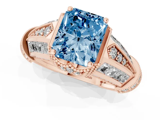 Fancy Blue Radiant Cut Diamond Vintage-Inspired Milgrain Ring Set in Rose gold with Accent Split Shank – second view