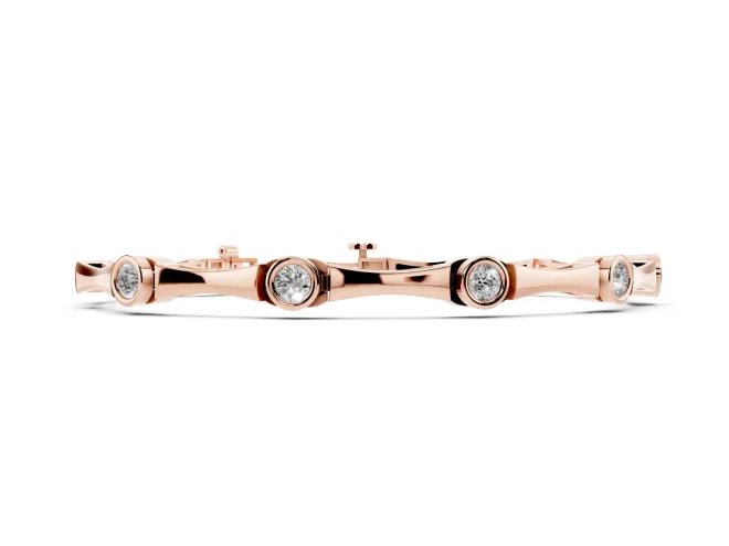 Round Lab-Grown Diamond Bezel Station Bamboo Link Bracelet | Hinged Links | Rose Gold