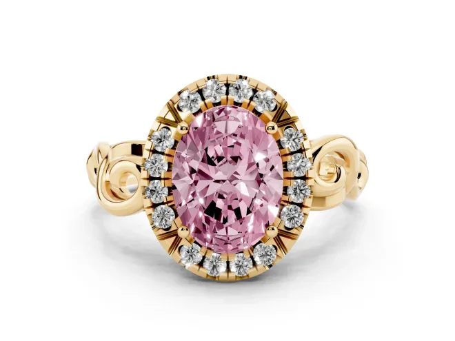 Oval Filigree Halo Engagement Ring Setting for a Fancy Pink Lab-Grown Diamond | Yellow Gold