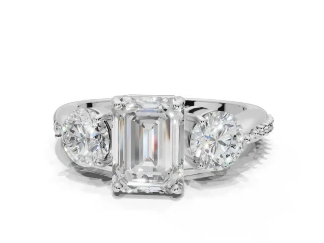 Emerald Cut Three Stone Engagement Ring Setting | Tapered Pave Band | Sterling Silver