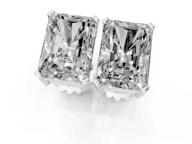 Radiant Cut Diamond Solitaire Stud Earrings Set in Platinum with Basket Setting – second view