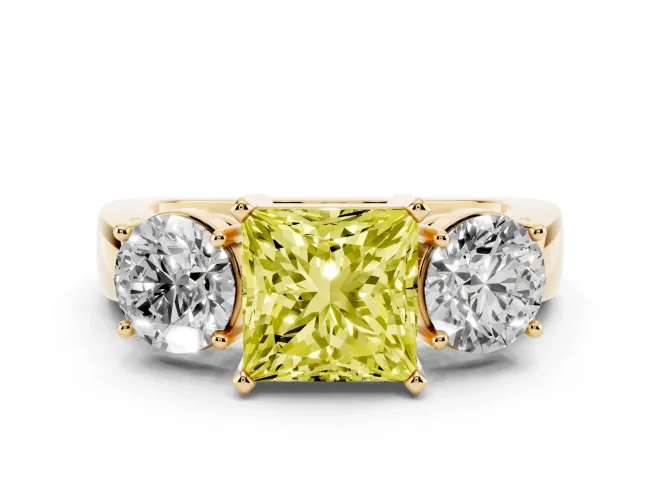 Fancy Yellow Princess Cut Diamond Three-Stone Ring Set in Yellow gold with Round Side Stones and Classic Band