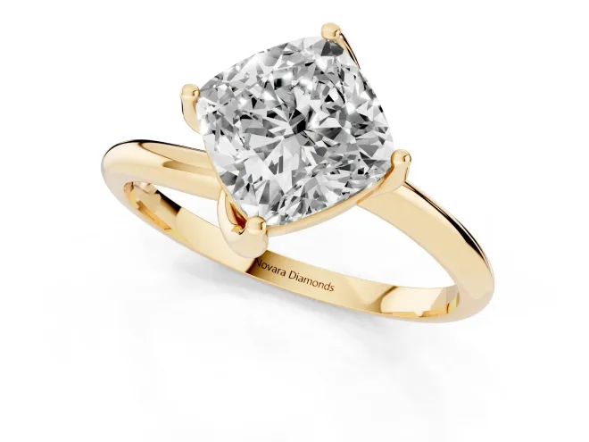 Cushion Cut Diamond Solitaire Engagement Ring Set in Yellow gold with Classic Plain Band – second view