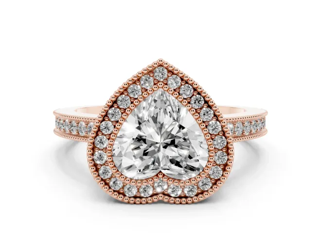 Heart Cut Diamond Round Halo Ring Set in Rose gold with Pavé Band