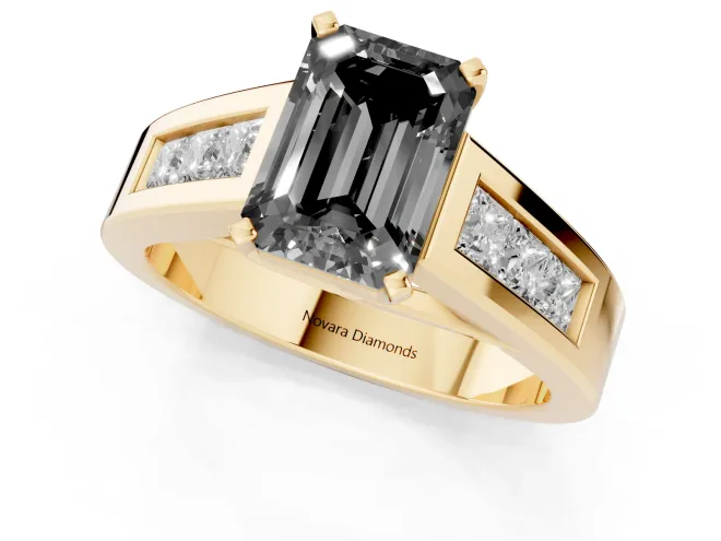 Fancy Black Emerald Cut Diamond Solitaire Ring Set in Yellow gold with Channel-Set Accent Stones and Prong Setting – second view