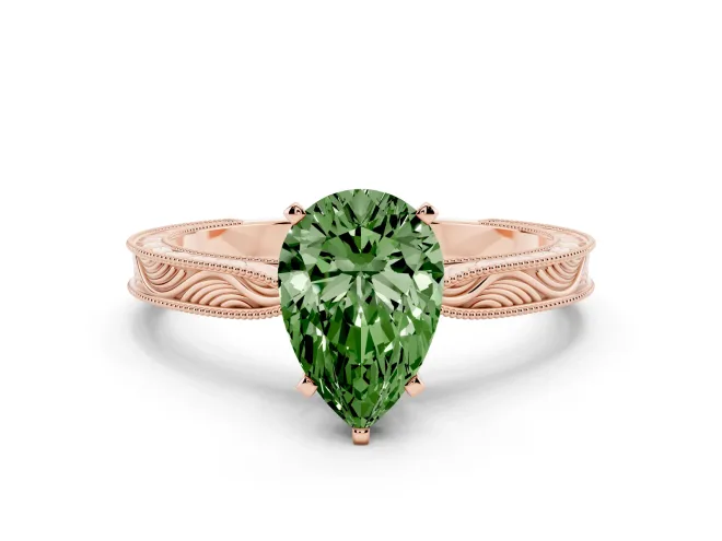 Pear-Shaped Engraved Engagement Ring Setting for a Fancy Green Lab-Grown Diamond | Rose Gold
