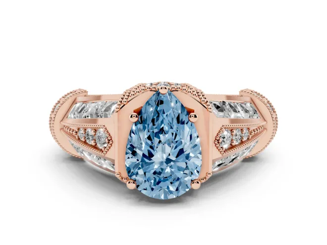 Fancy Blue Pear Cut Diamond Vintage-Inspired Milgrain Ring Set in Rose gold with Accent Split Shank