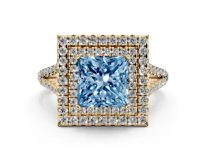 Fancy Blue Princess Cut Diamond Double Halo Ring Set in Yellow gold with Pavé Band