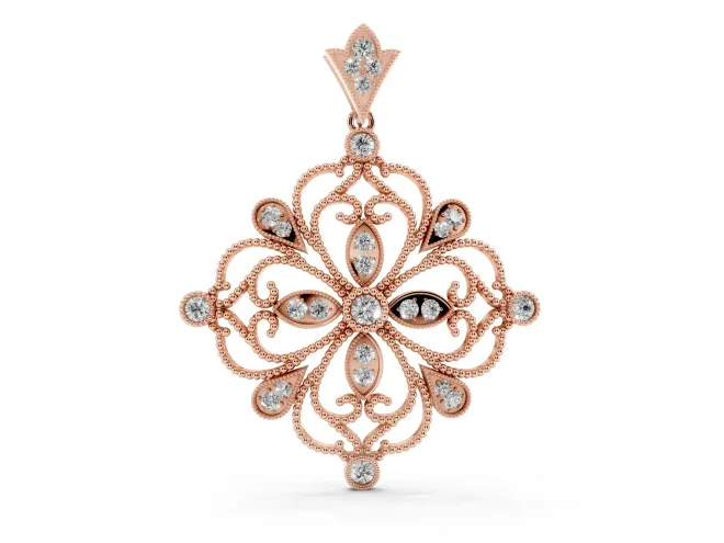 Round Lab-Grown Diamond Vintage Floral Scrollwork Pendant Necklace | Milgrain Edges | Rose Gold