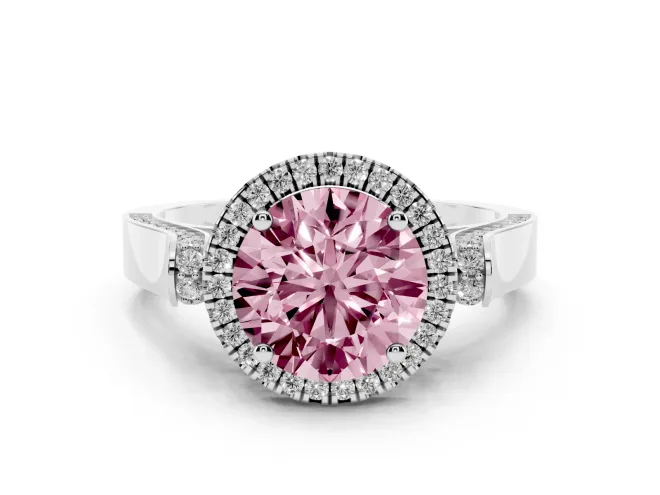 Round Pavé Halo Engagement Ring Setting for a Fancy Pink Lab-Grown Diamond | White Gold