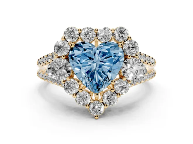 Heart-Shaped Scalloped Halo Engagement Ring Setting for a Fancy Blue Lab-Grown Diamond | Pear Side Stones | Yellow Gold