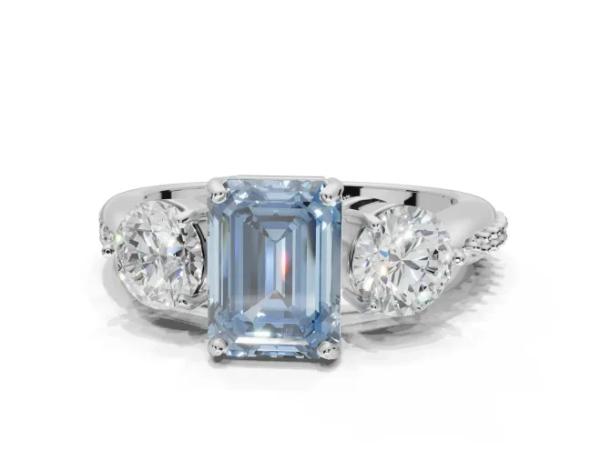 Emerald Cut Three Stone Engagement Ring Setting for a Fancy Blue Lab-Grown Diamond | Tapered Pave Band | Sterling Silver