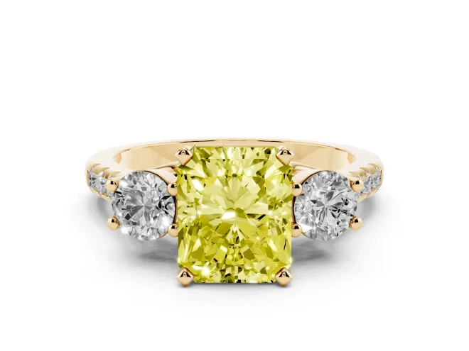 Radiant Cut Three-Stone Engagement Ring Setting for a Fancy Yellow Lab-Grown Diamond | Yellow Gold