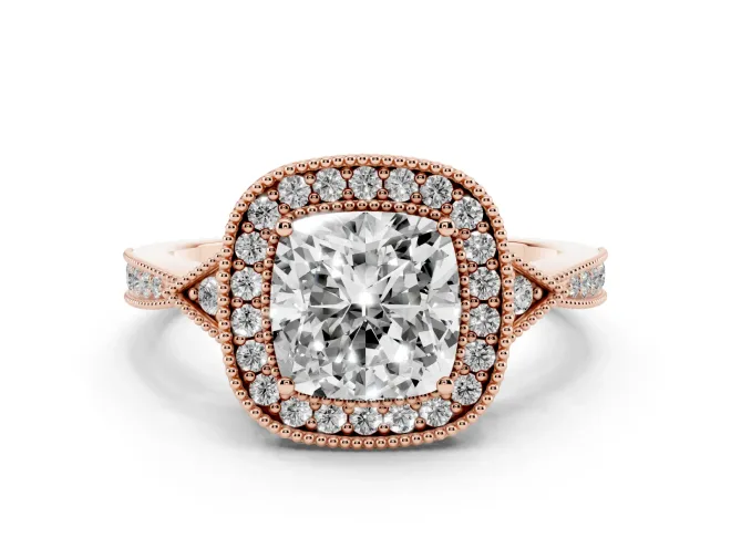 Cushion Cut Diamond Halo Engagement Ring Set in Rose gold with Milgrain Pavé Band