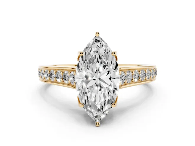 Marquise Cut Diamond Solitaire Pavé Engagement Ring Set in Yellow gold with Prong Setting