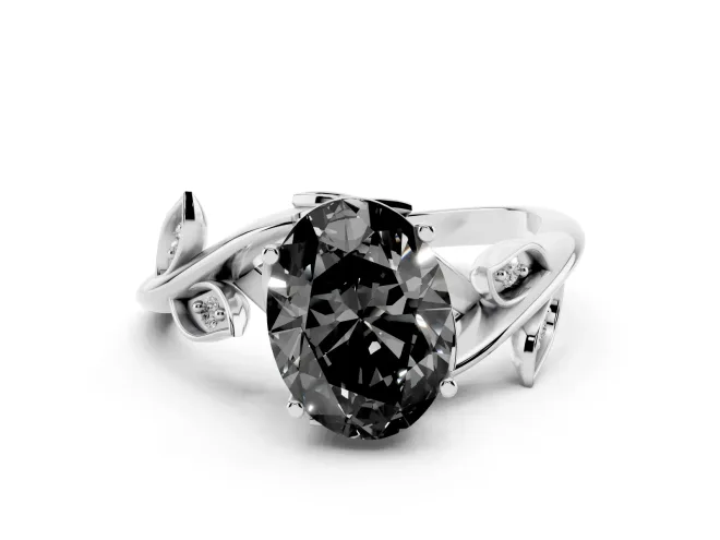 Fancy Black Oval Cut Diamond Solitaire Twist Engagement Ring Set in Silver with Pavé Leaf Accents