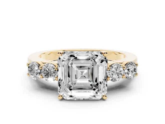 Asscher Cut Diamond Five-Stone Prong Set Band Ring Set in Yellow gold with Polished Band