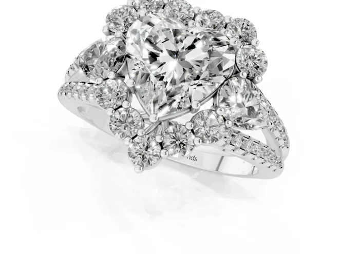 Heart Cut Diamond Halo Split Shank Engagement Ring Set in Silver with Prong-Held Center Stone – second view