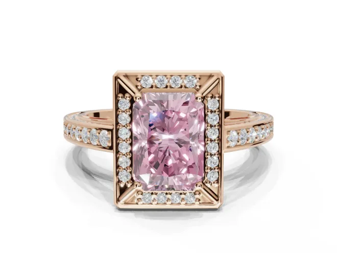 Radiant Cut Sectioned Halo Engagement Ring Setting for a Fancy Pink Lab-Grown Diamond | Rose Gold