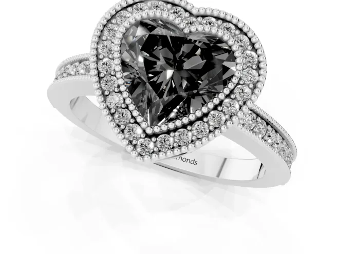 Fancy Black Heart Cut Diamond Round Halo Ring Set in Platinum with Pavé Band – second view