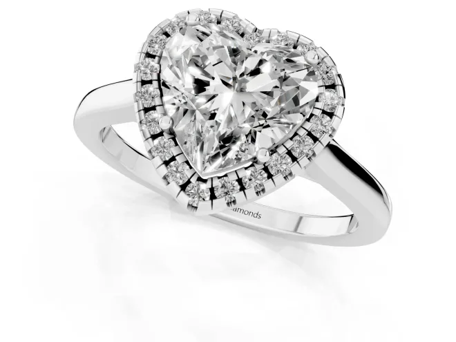 Heart Cut Halo Round Diamond Solitaire Ring Set in Silver with Pavé Band and Prong Setting – second view
