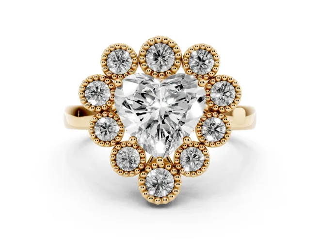 Heart Cut Diamond Cluster Halo Ring Set in Yellow gold with Milgrain Bezel Accents and Plain Band