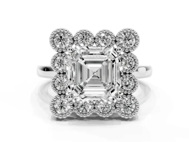 Asscher Cut Diamond Cluster Halo Ring Set in Silver with Milgrain Bezel Accents and Plain Band