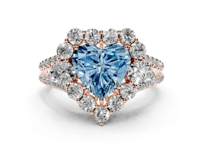 Heart-Shaped Scalloped Halo Engagement Ring Setting for a Fancy Blue Lab-Grown Diamond | Pear Side Stones | Rose Gold