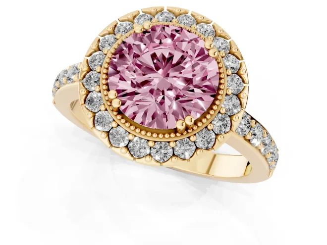 Fancy Pink Round Cut Diamond Halo Ring Set in Yellow gold with Pavé Shank and Prong Setting – second view